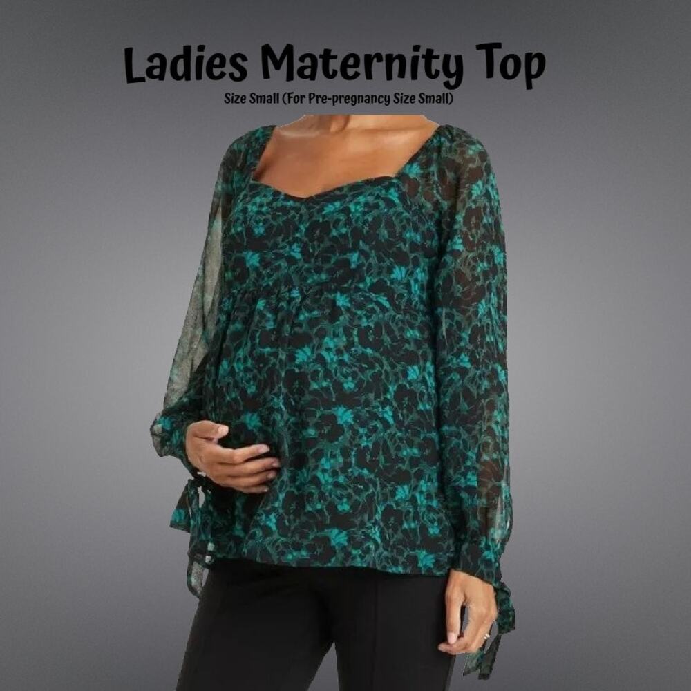 Ingrid+Isabel Maternity Green Black Long Sleeve Whimsical Woven Shirt Small